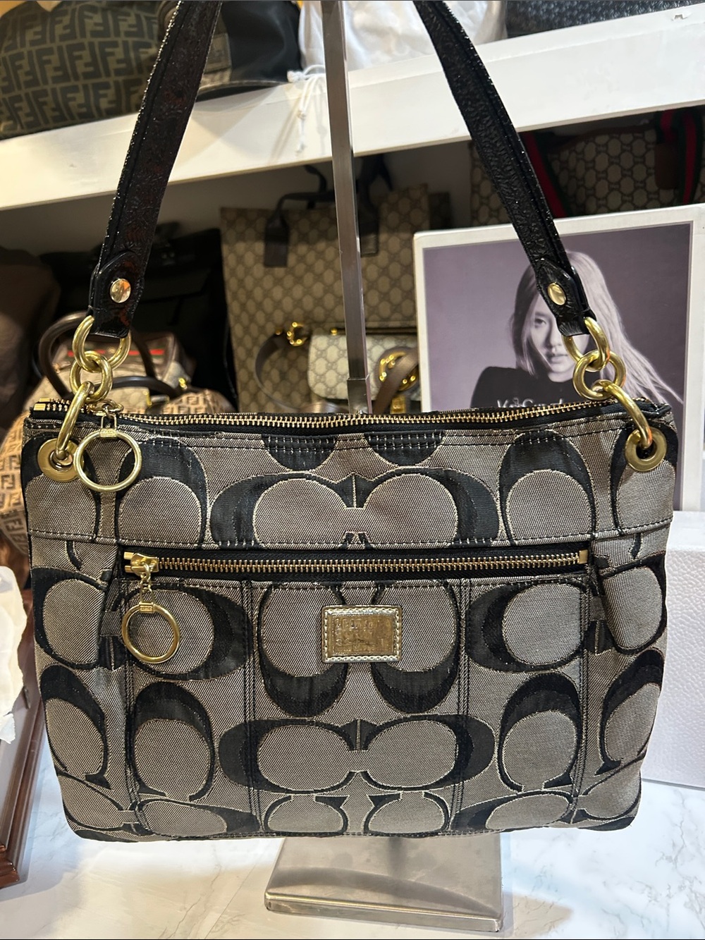 Coach poppy Gray and Black Signature Jacquard Shoulder Bag with Gold Hardware